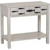 Fisher 1-Drawer Fish Console Table with Shelf in Distressed Antique White Wood