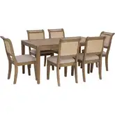 Emmy 7-Piece 60" Dining Set in Wood, Cane & Off White Fabric