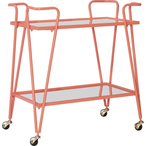 Linon Mid Century Bar Cart in Coral Metal & Mirror