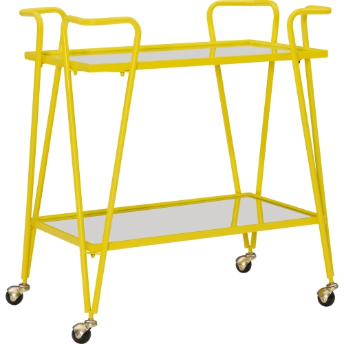 Linon Mid Century Bar Cart in Yellow Metal & Mirror