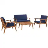 Cole Outdoor 4-Piece Loveseat Set in Walnut & Blue Fabric