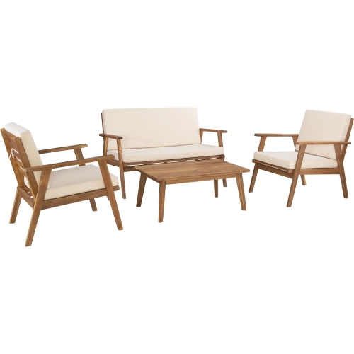 Cole Outdoor 4-Piece Loveseat Set in Natural Wood & Neutral Fabric