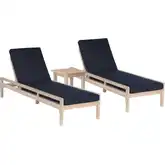 Teagon Outdoor 3-Piece Chaise & Table in Natural Wood & Navy Blue Fabric