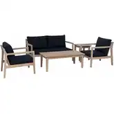 Teagon Outdoor 5-Piece Loveseat Set in Wood & Navy Blue Fabric