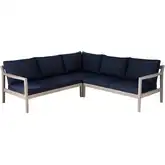 Teagon Outdoor Sectional Sofa in Whitewash Wood & Navy Blue Fabric