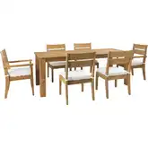 Carenen 7-Piece Outdoor Dining Set in Teak & Antique White Fabric