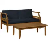 Arlen Outdoor Loveseat & Coffee Table in Brown Wood & Navy Blue Fabric