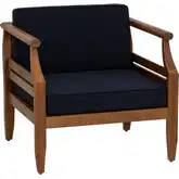 Arlen Outdoor Club Accent Chair in Brown Wood & Navy Blue Fabric