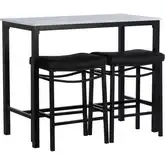 Betty 3-Piece Bar Dining Set in White Faux Marble, Metal & Black Vegan Leather