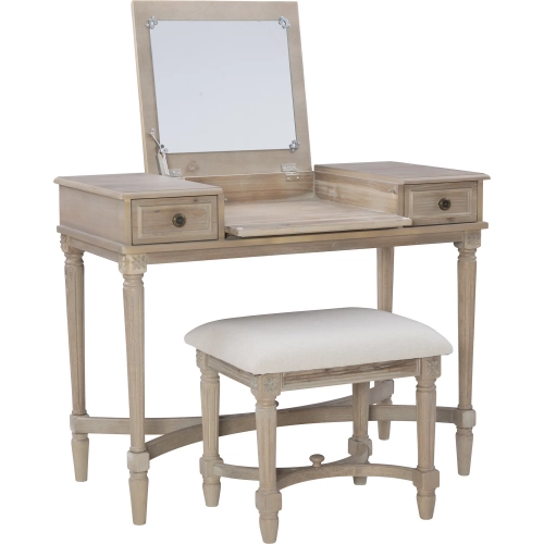 Cyndi Bedroom Vanity in Gray Wash Wood & Beige Fabric