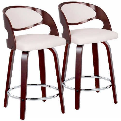 Pino 24" Swivel Counter Stool in Cherry Wood & White Leatherette with Chrome Footrest (Set of 2)