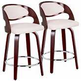Pino 24" Swivel Counter Stool in Cherry Wood & White Leatherette with Chrome Footrest (Set of 2)