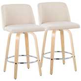 Toriano 26" Swivel Counter Stool Natural Wood & Cream Noise Fabric with Chrome Footrest (Set of 2)
