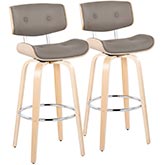 Lombardi 30" Swivel Bar Stool in Natural Wood & Light Grey Leatherette & Chrome (Set of 2)