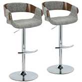 Elisa Adjustable Swivel Bar Stool in Chrome, Walnut Wood & Grey Fabric (Set of 2)