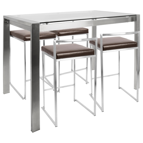 Fuji 5 Piece Counter Height Dining Set in Stainless Steel & Brown Leatherette