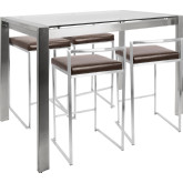 Fuji 5 Piece Counter Height Dining Set in Stainless Steel & Brown Leatherette