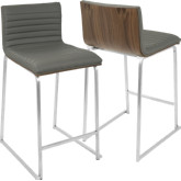 Mara 26" Counter Stool in Grey Leatherette, Walnut & Brushed Stainless (Set of 2)