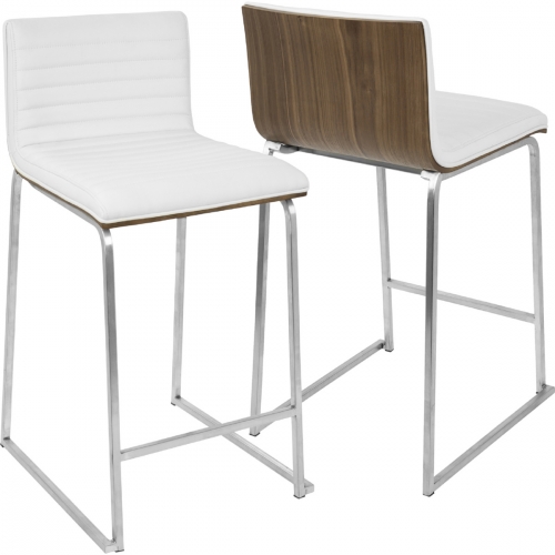 Mara 26" Counter Stool in White Leatherette, Walnut & Brushed Stainless (Set of 2)