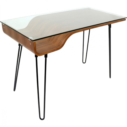 Avery Desk in Curved Walnut Finish, Black Hairpin Legs & Glass Top