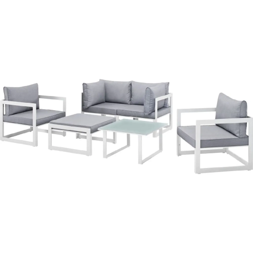 Fortuna 6 Piece Outdoor Patio Sectional Sofa Set in White with Gray Cushions