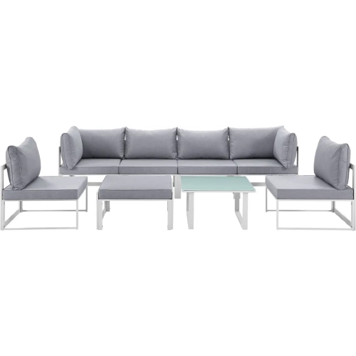 Fortuna 8 Piece Outdoor Patio Sectional Sofa Set in White with Gray Cushions