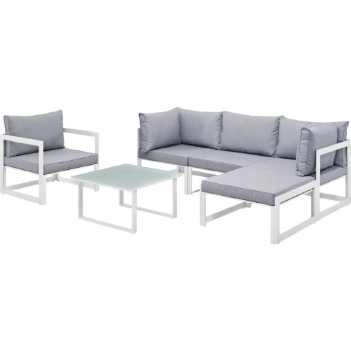 Fortuna 6 Piece Outdoor Patio Sectional Sofa Set in White with Gray Cushions