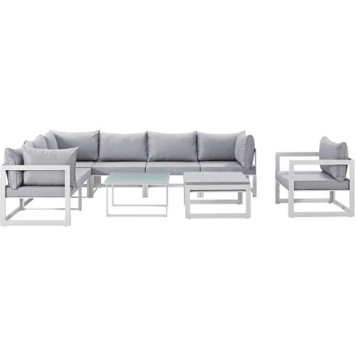 Fortuna 9 Piece Outdoor Patio Sectional Sofa Set in White with Gray Cushions