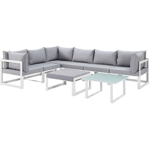 Fortuna 8 Piece Outdoor Patio Sectional Sofa Set in White with Gray Cushions