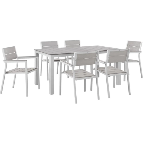 Maine 7 Piece Outdoor Patio Dining Set in White Metal & Light Gray Polywood