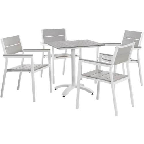 Maine 5 Piece Outdoor Patio Dining Set in Gray Polywood with White Aluminum Frame