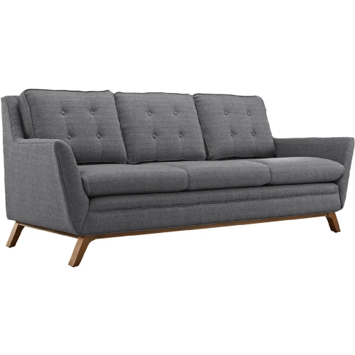 Beguile Fabric Sofa in Tufted Gray with Walnut Finished Legs