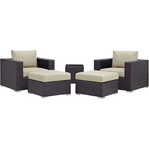 Convene 5 Piece Outdoor Arm Chair Set in Espresso Poly Rattan with Beige Cushions