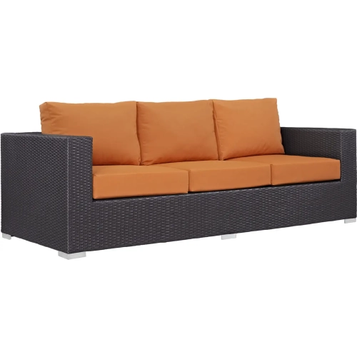 Convene Outdoor Patio Sofa in Espresso with Orange Cushion
