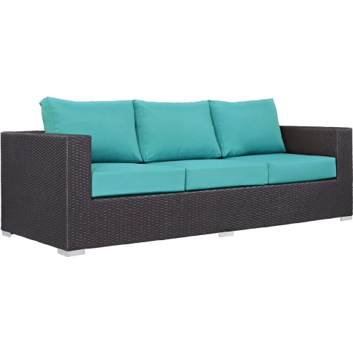 Convene Outdoor Patio Sofa in Espresso with Turquoise Cushion