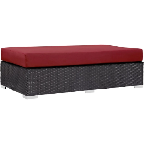 Convene Outdoor Patio Rectangle Ottoman in Espresso with Red Cushion