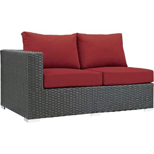 Sojourn Outdoor Sunbrella &reg; Left Arm Loveseat in Chocolate Poly Rattan & Red