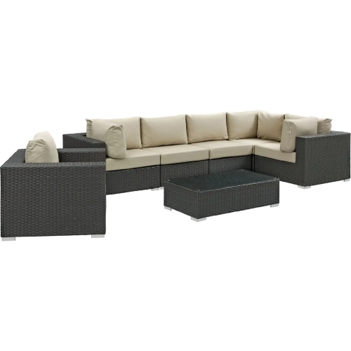 Sojourn 7 Piece Outdoor Patio Sectional Set in Poly Rattan with Beige Sunbrella &reg Cushions