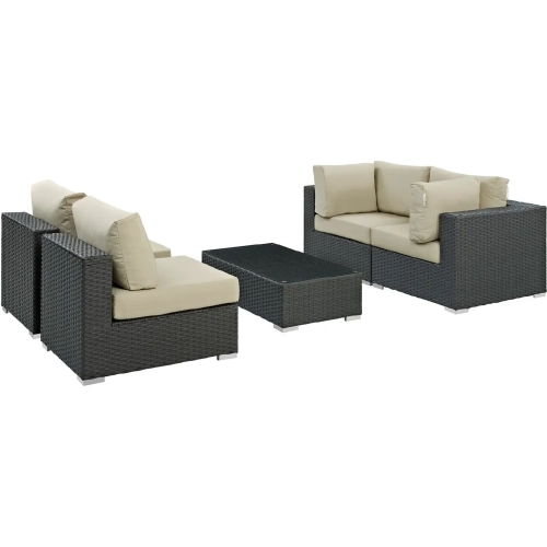 Sojourn 5 Piece Outdoor Patio Sectional Set in Poly Rattan with Beige Sunbrella &reg Cushions