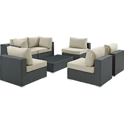 Sojourn 7 Piece Outdoor Patio Sectional Set in Poly Rattan with Beige Sunbrella &reg Cushions