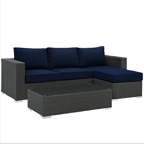 Sojourn 3 Piece Outdoor Patio Sectional Set in Poly Rattan with Navy Sunbrella &reg Cushions