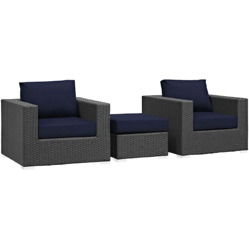 Sojourn 3 Piece Outdoor Patio Sectional Set in Poly Rattan with Navy Sunbrella &reg Cushions