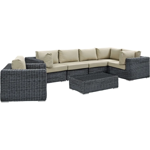 Summon 7 Piece Outdoor Patio Sectional Set in Poly Rattan with Beige Sunbrella