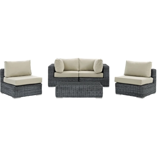Summon 5 Piece Outdoor Patio Sectional Set in Poly Rattan with Beige Sunbrella