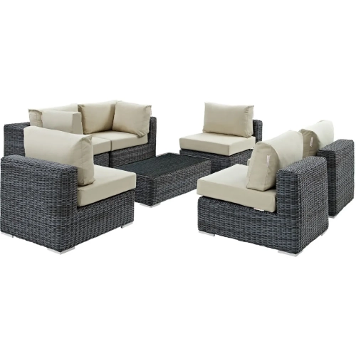 Summon 7 Piece Outdoor Patio Sectional Set in Poly Rattan with Beige Sunbrella