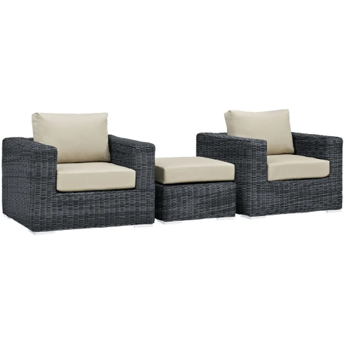 Summon 3 Piece Outdoor Arm Chair Set in Poly Rattan with Beige Sunbrella