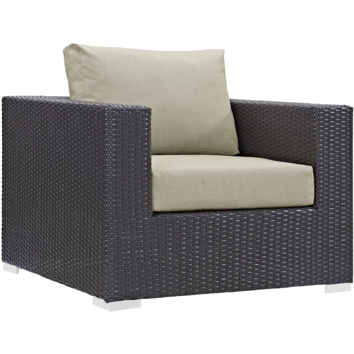 Convene Outdoor Patio Armchair in Espresso with Beige Cushion with Polished Stainless Legs