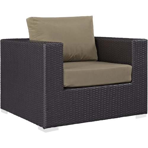 Convene Outdoor Patio Armchair in Espresso with Mocha Cushion with Polished Stainless Legs