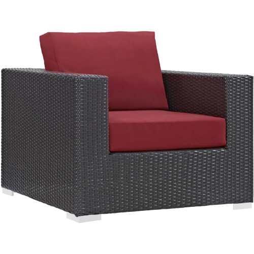 Convene Outdoor Patio Armchair in Espresso with Red Cushion with Polished Stainless Legs