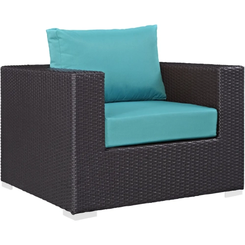 Convene Outdoor Patio Armchair in Espresso with Turquoise Cushion with Polished Stainless Legs